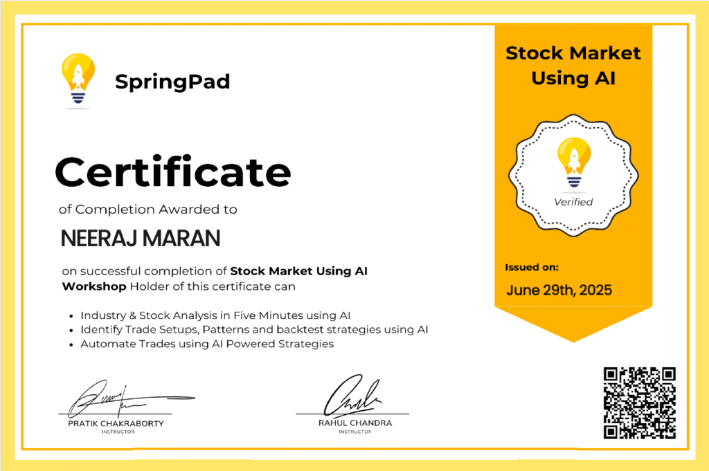 Springpad Certificate of Neeraj Maran